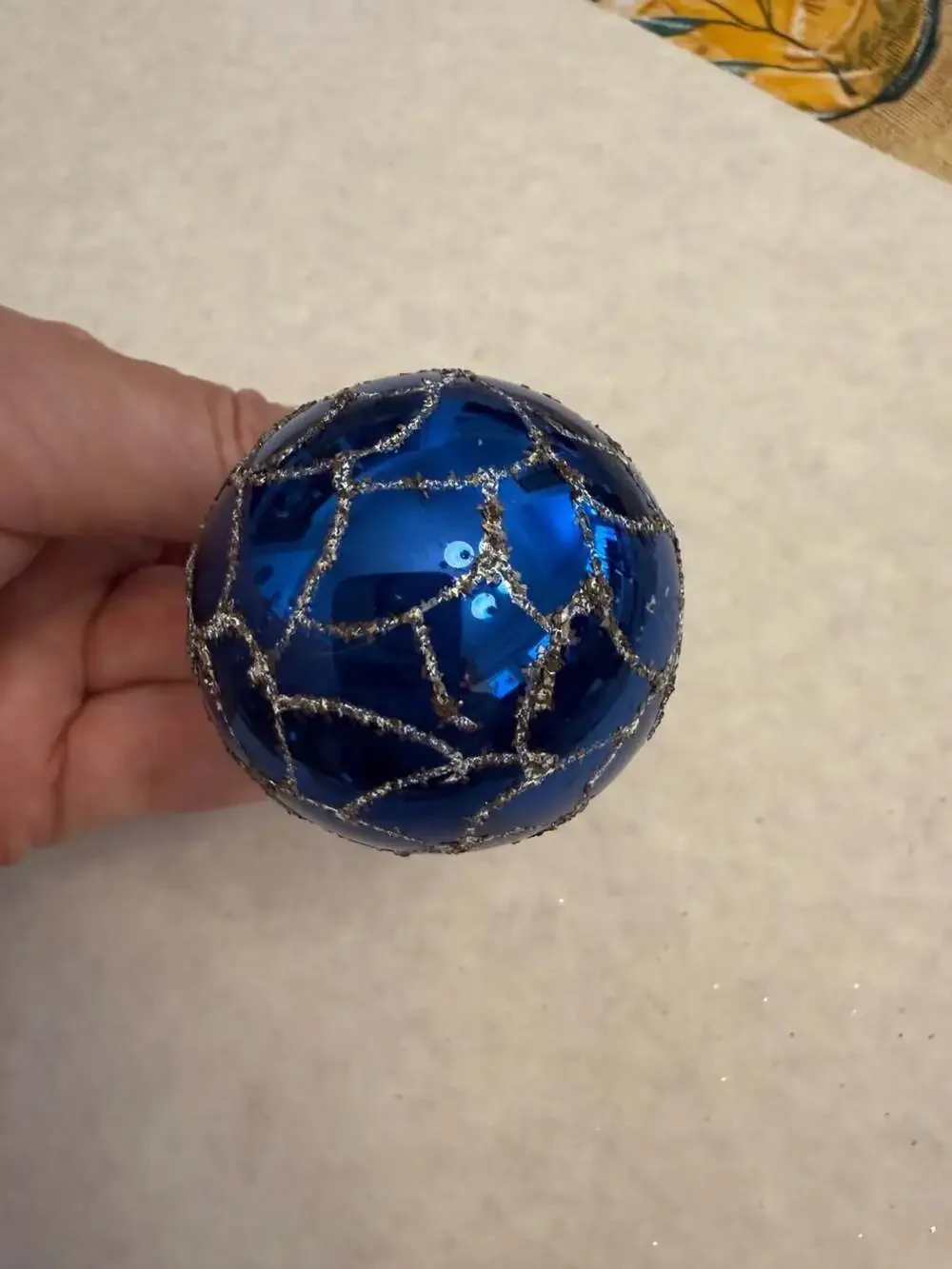 Vtg Blue Glass Christmas Ball Ornament with Silver Glitter Fish Scale Pattern